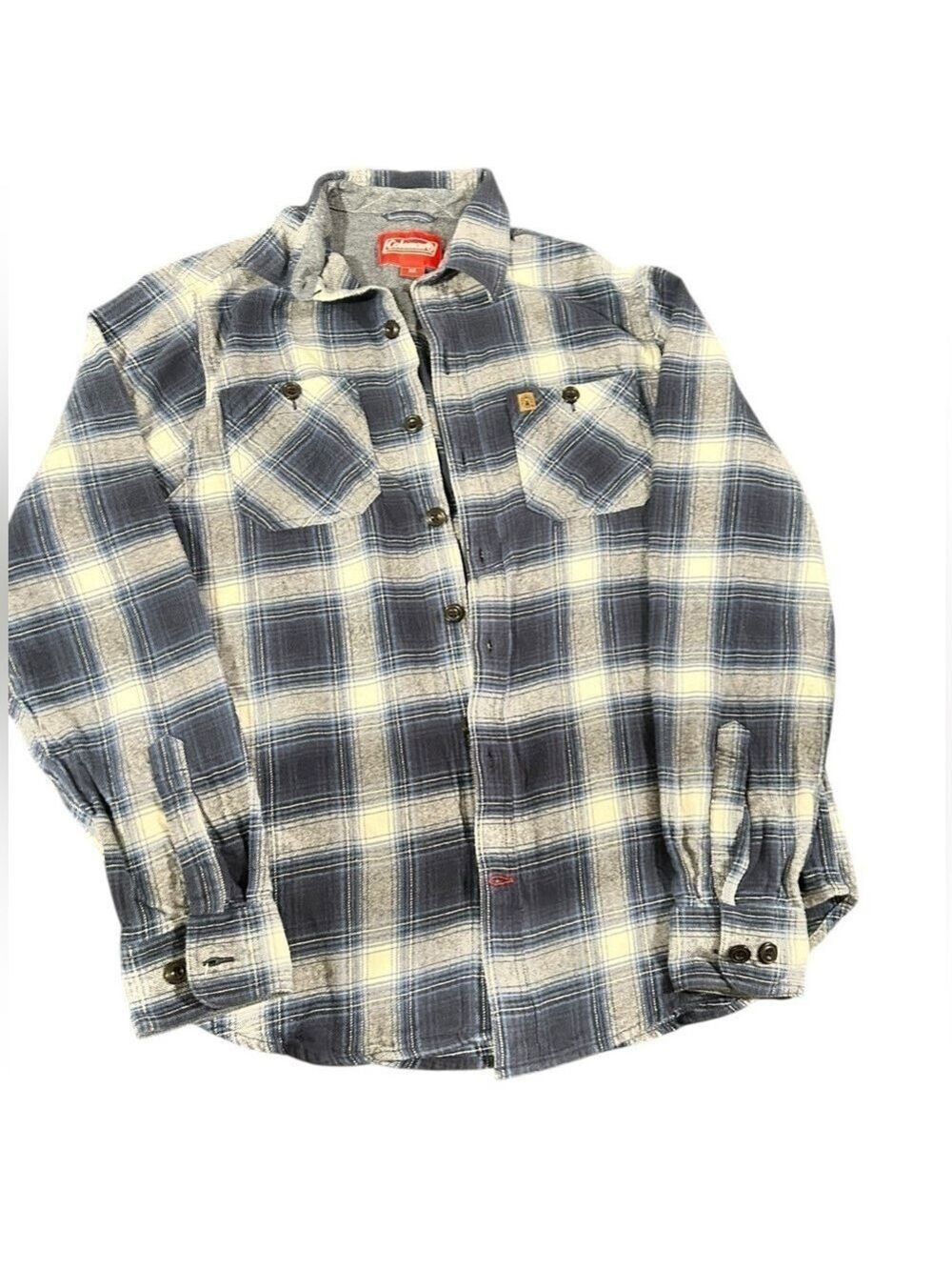 COLEMAN Plaid Flannel Shirt Blue Gray White Cotton Excellent Condition Size Med